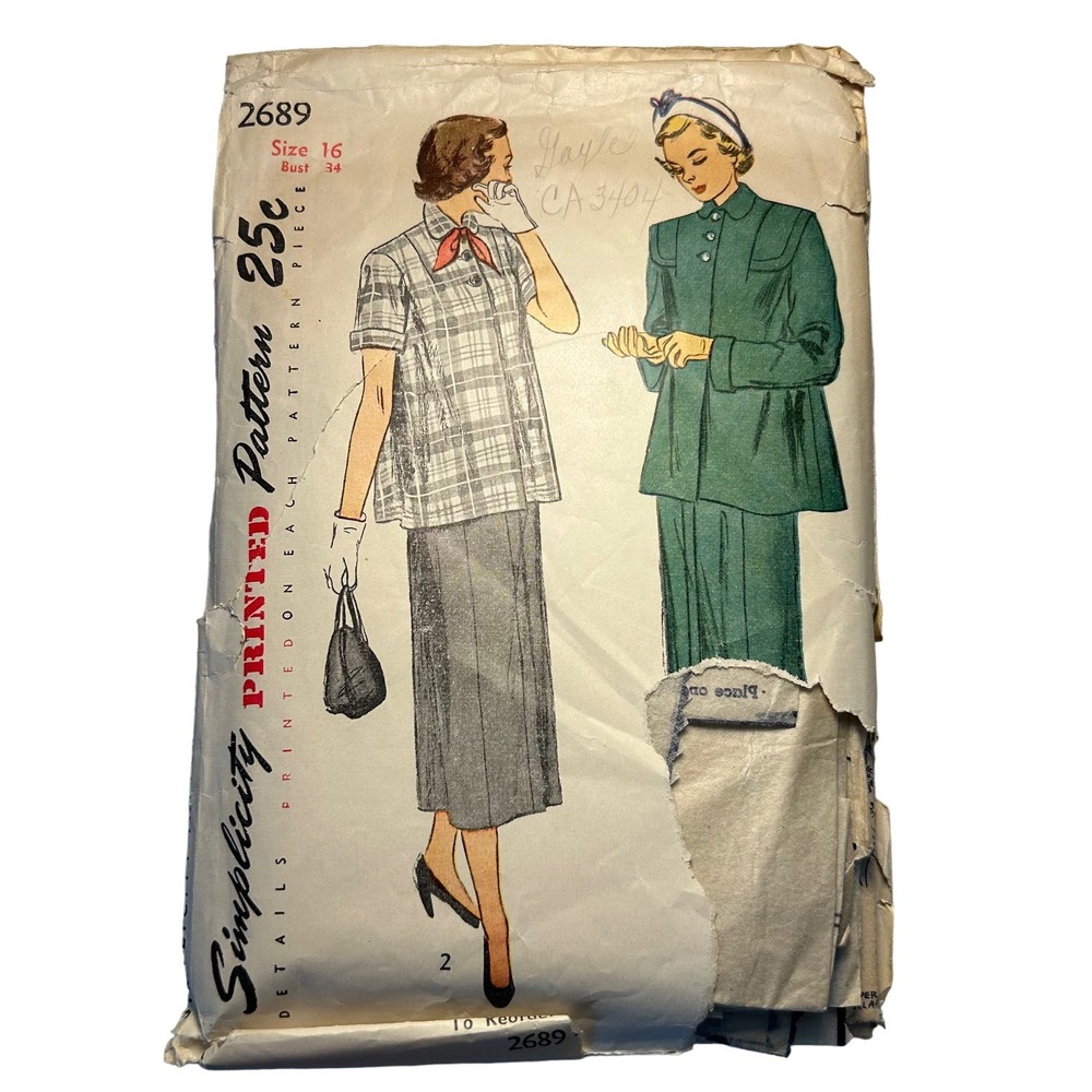 Simplicity Vintage 1940's Maternity Pattern #2689 2 Piece Suit Size 16